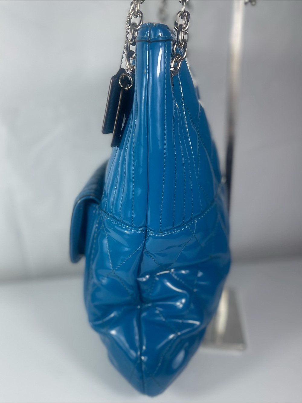 Coach Poppy Liquid Gloss Rare Teal Patent Leather Quilted Bag Y2K - Picture 9 of 14
